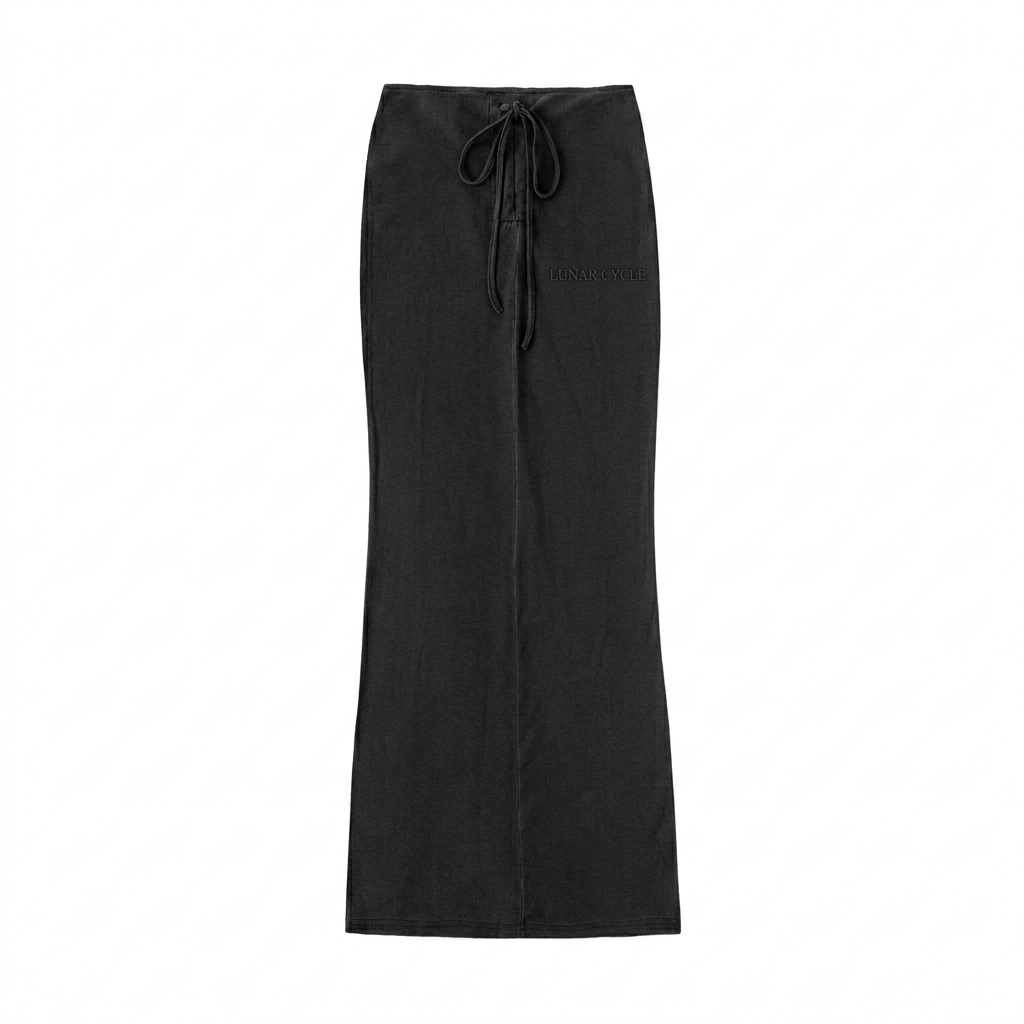 Custom Dyed Washed Maxi Skirt design direction 1: Tonal Heritage Wordmark featuring the LUNAR CYCLE wordmark