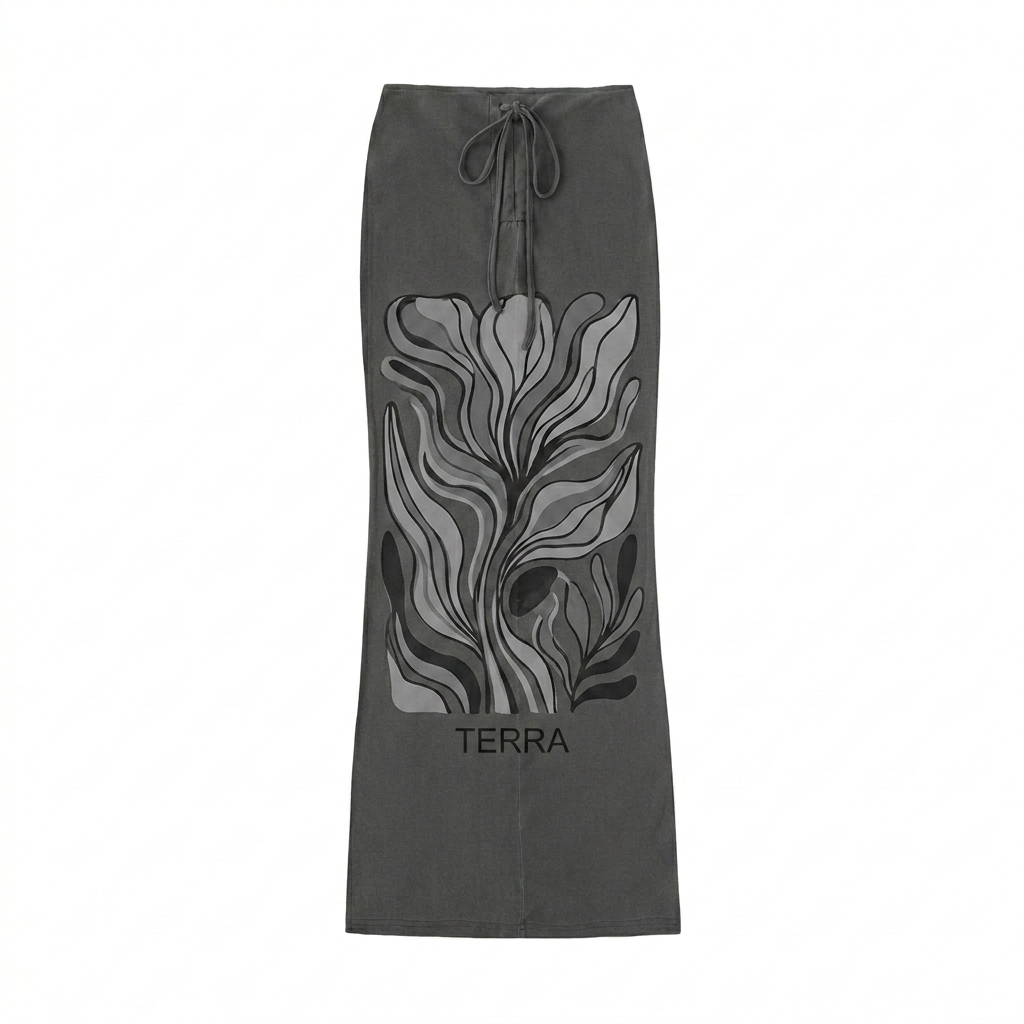 Custom Dyed Washed Maxi Skirt design direction 2: Abstract Botanical Graphic featuring the TERRA wordmark
