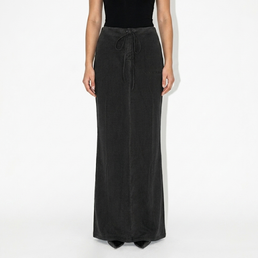 Dyed Washed Maxi Skirt worn by a broad-shouldered Turkish female fashion influencer, clean-girl minimal styling, studio lookbook — custom dyed washed maxi skirt