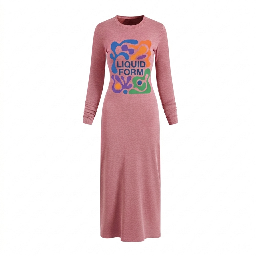 Custom Dyed Washed Slit Maxi Dress design direction 2: Bold Abstract Graphic featuring the LIQUID FORM wordmark