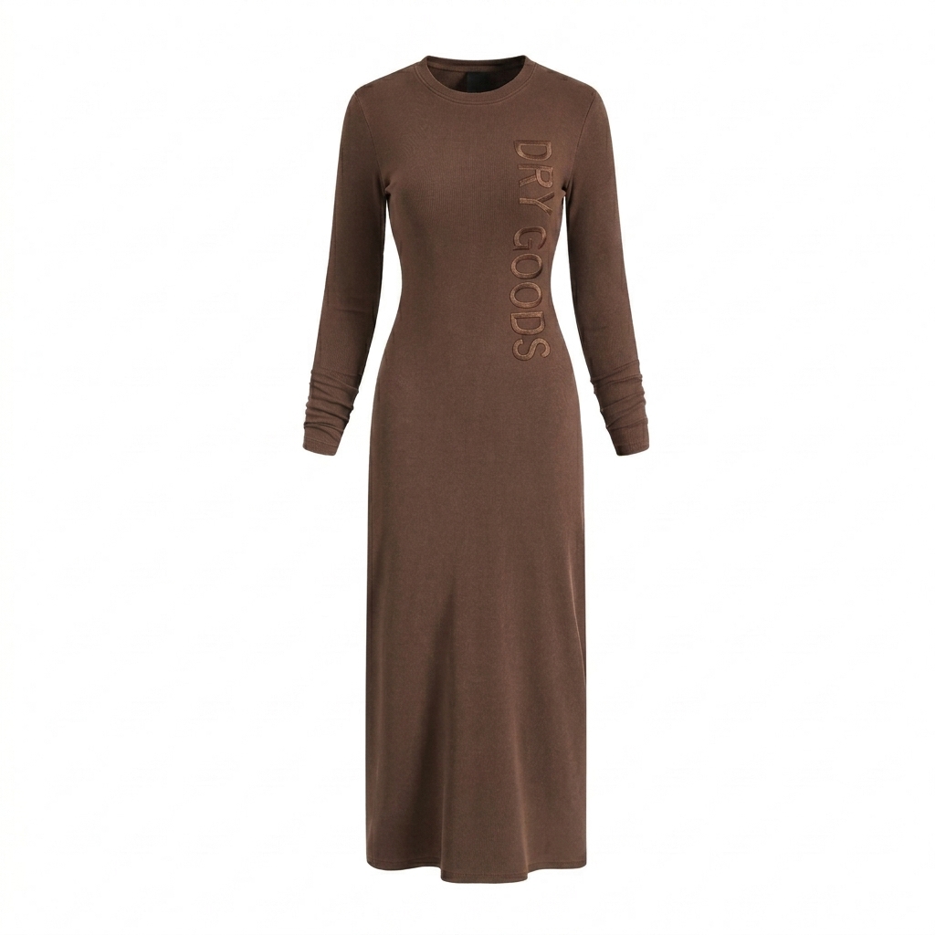 Custom Dyed Washed Slit Maxi Dress design direction 3: Typography Experiment featuring the DRY GOODS wordmark