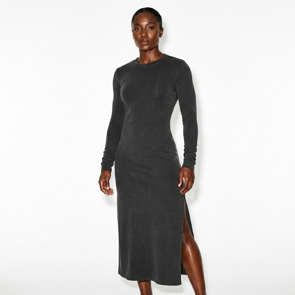 Dyed Washed Slit Maxi Dress worn by a athletic muscular West African female fashion influencer, downtown streetwear styling, studio lookbook — custom dyed washed slit maxi dress