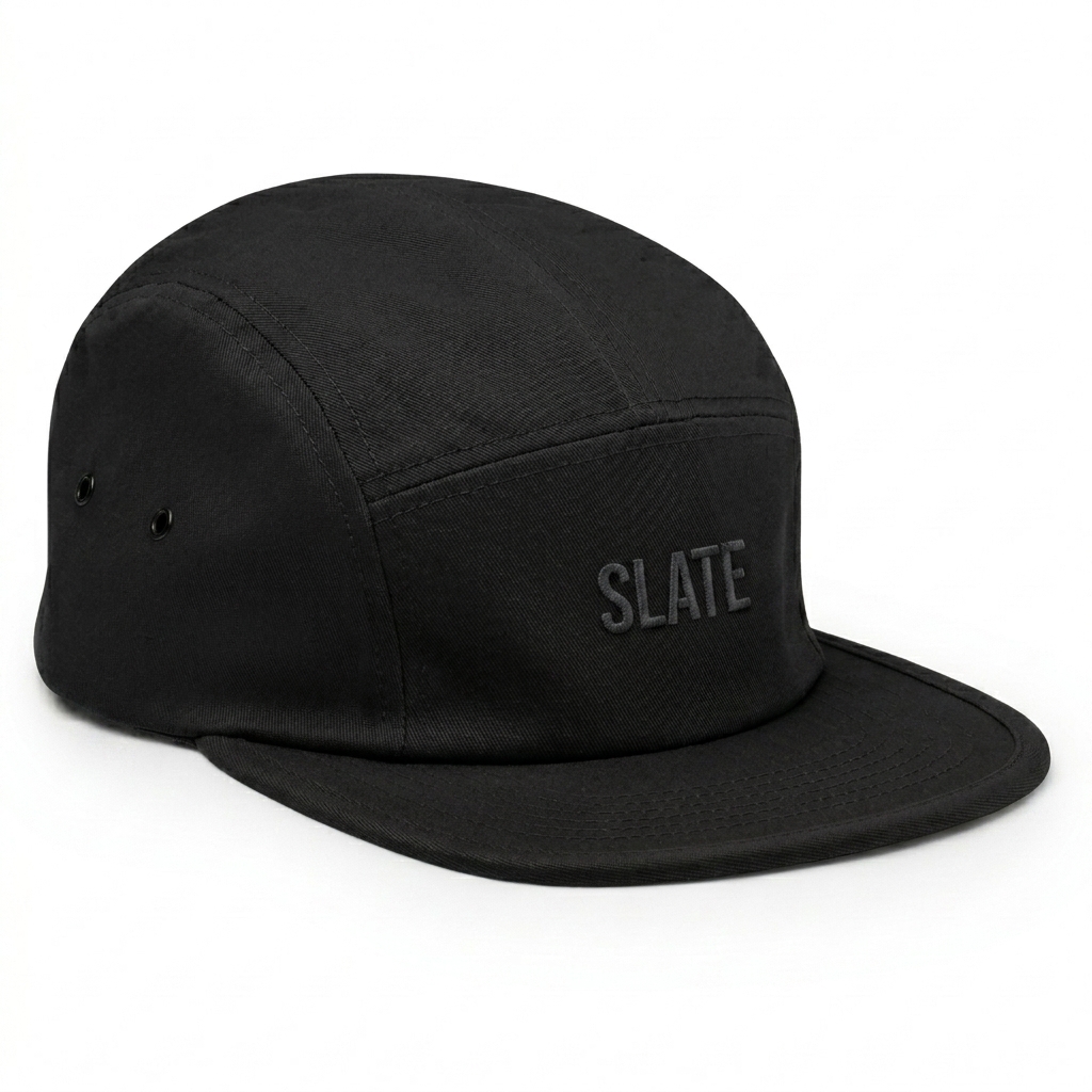 Custom Embroidered 5-Panel Cap design direction 1: Tonal Minimalist Wordmark featuring the SLATE wordmark