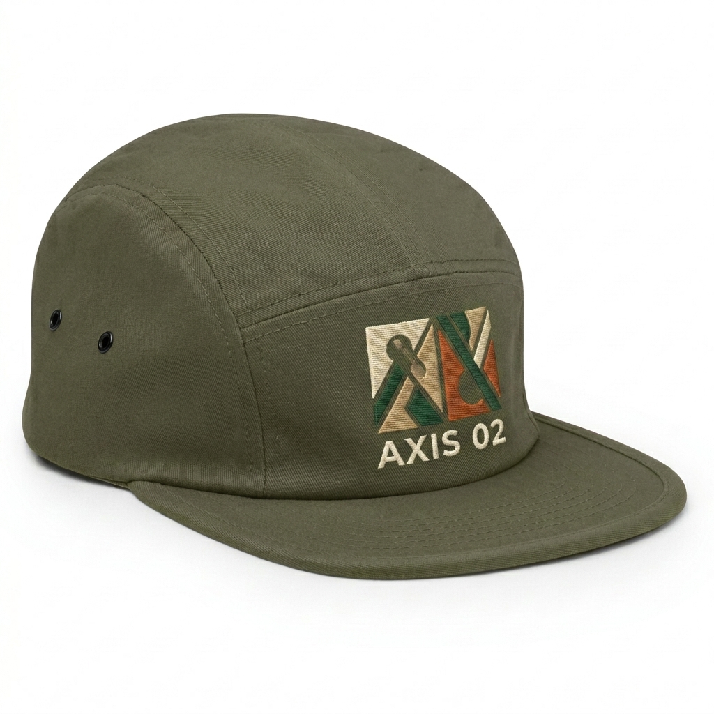 Custom Embroidered 5-Panel Cap design direction 2: Bold Abstract Graphic featuring the AXIS 02 wordmark