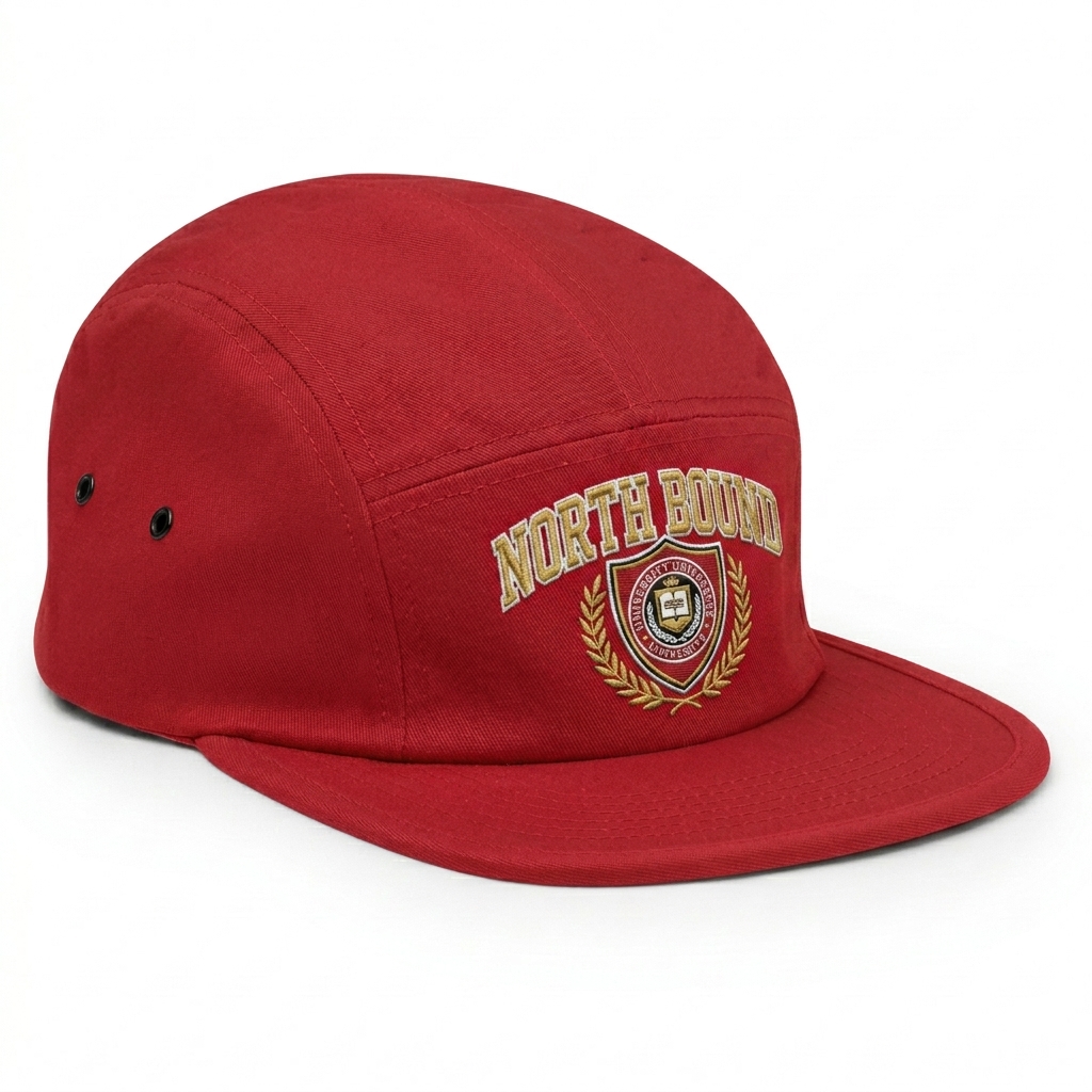 Custom Embroidered 5-Panel Cap design direction 3: Retro Collegiate Emblem featuring the NORTH BOUND wordmark