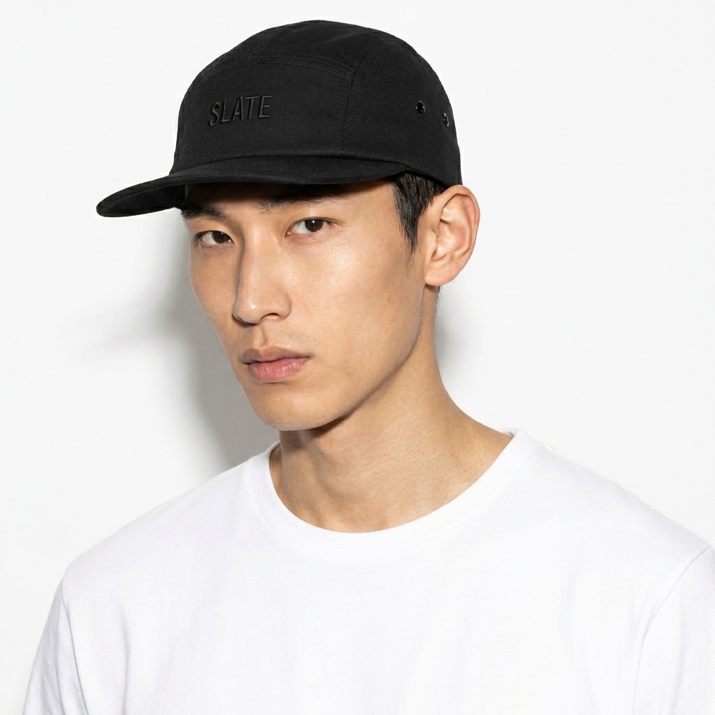 Embroidered 5-Panel Cap worn by a slim tall Korean male fashion influencer, preppy ivy styling, studio lookbook — custom embroidered 5-panel cap
