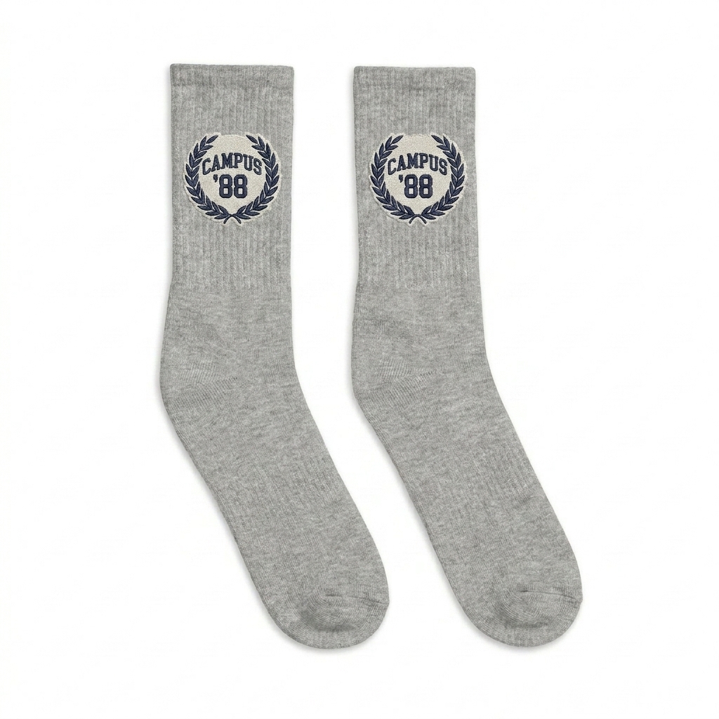 Custom Embroidered Crew Socks design direction 2: Retro Collegiate Emblem featuring the CAMPUS '88 wordmark