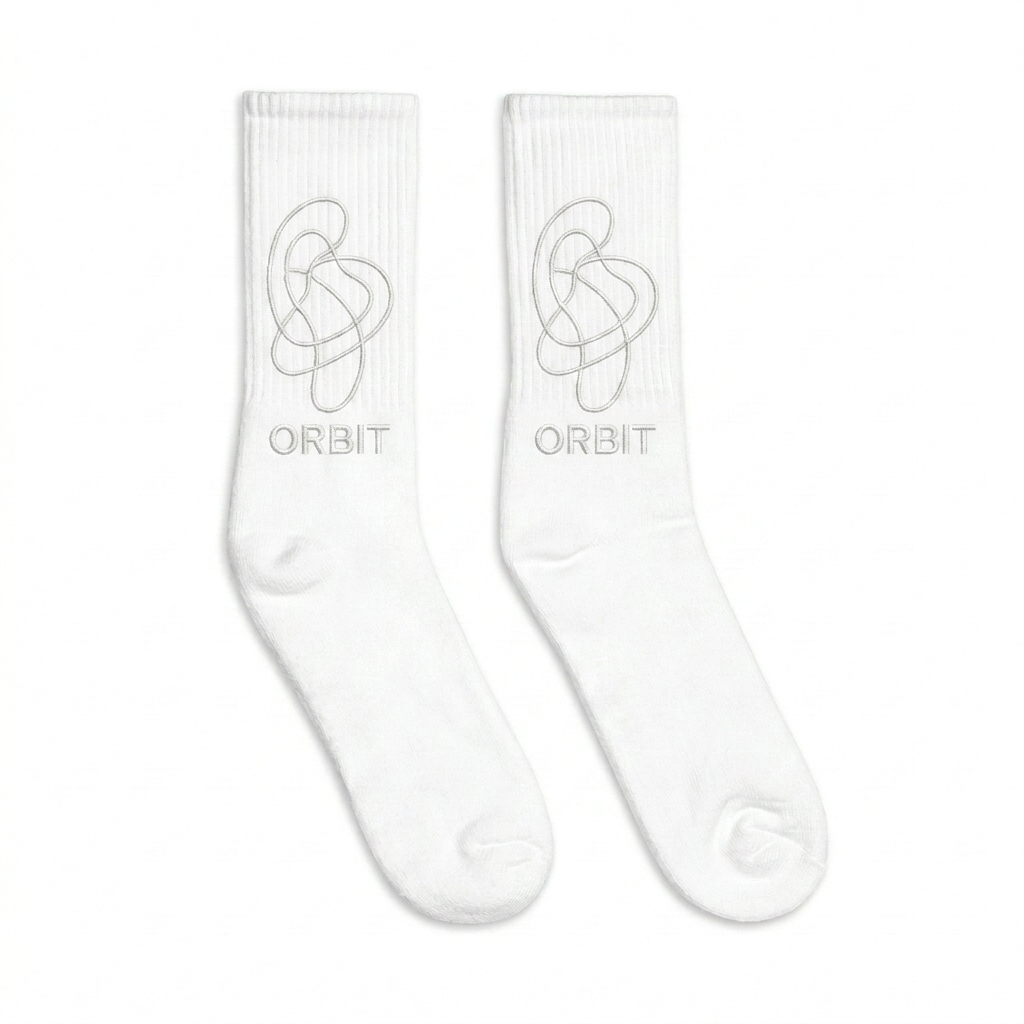 Custom Embroidered Crew Socks design direction 3: Abstract Line Art Graphic featuring the ORBIT wordmark