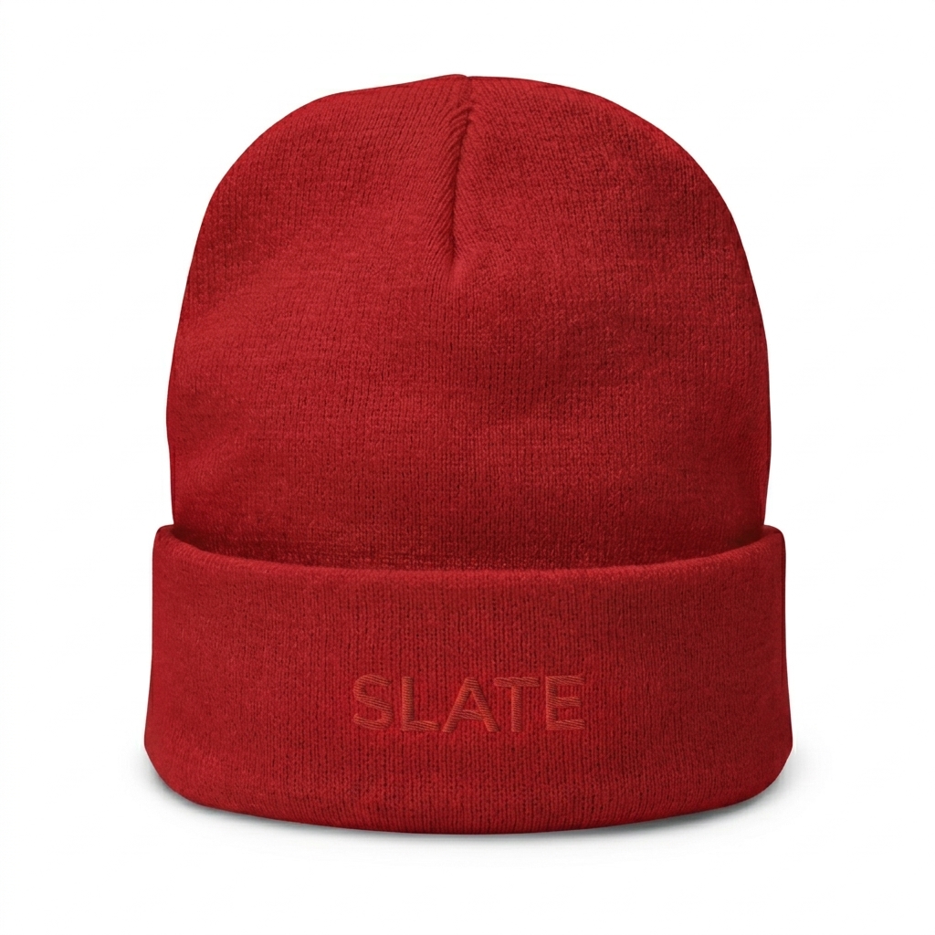 Custom Embroidered Knit Beanie design direction 1: Tonal Minimalist Wordmark featuring the SLATE wordmark