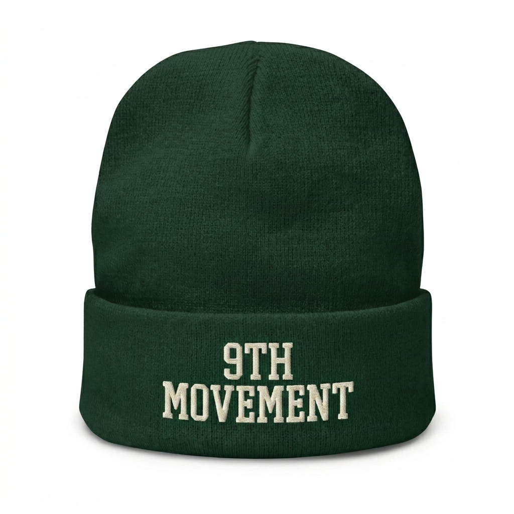Custom Embroidered Knit Beanie design direction 2: Retro Collegiate Emblem featuring the 9TH MOVEMENT wordmark