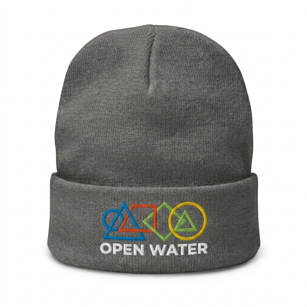 Custom Embroidered Knit Beanie design direction 3: Bold Abstract Graphic featuring the OPEN WATER wordmark