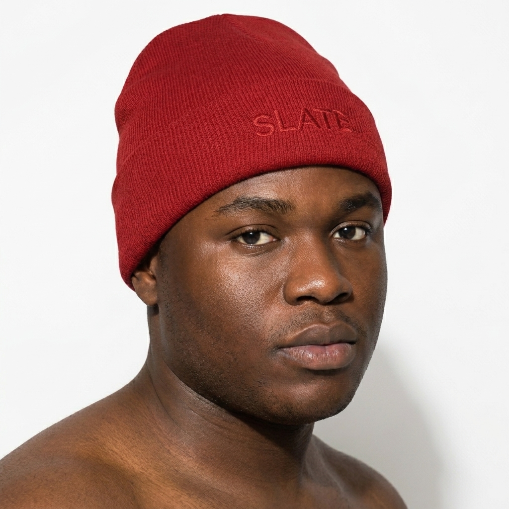 Embroidered Knit Beanie worn by a curvy West African male fashion influencer, downtown streetwear styling, studio lookbook — custom embroidered knit beanie