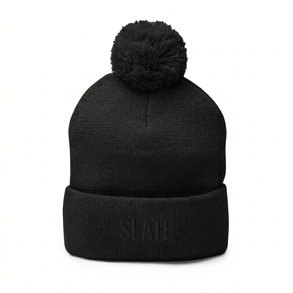 Custom Pom-Pom Knit Cap design direction 1: Subtle Tonal Branding featuring the SLATE wordmark