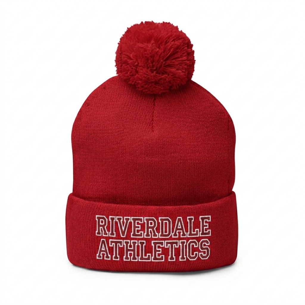 Custom Pom-Pom Knit Cap design direction 2: Classic Collegiate Appeal featuring the RIVERDALE ATHLETICS wordmark