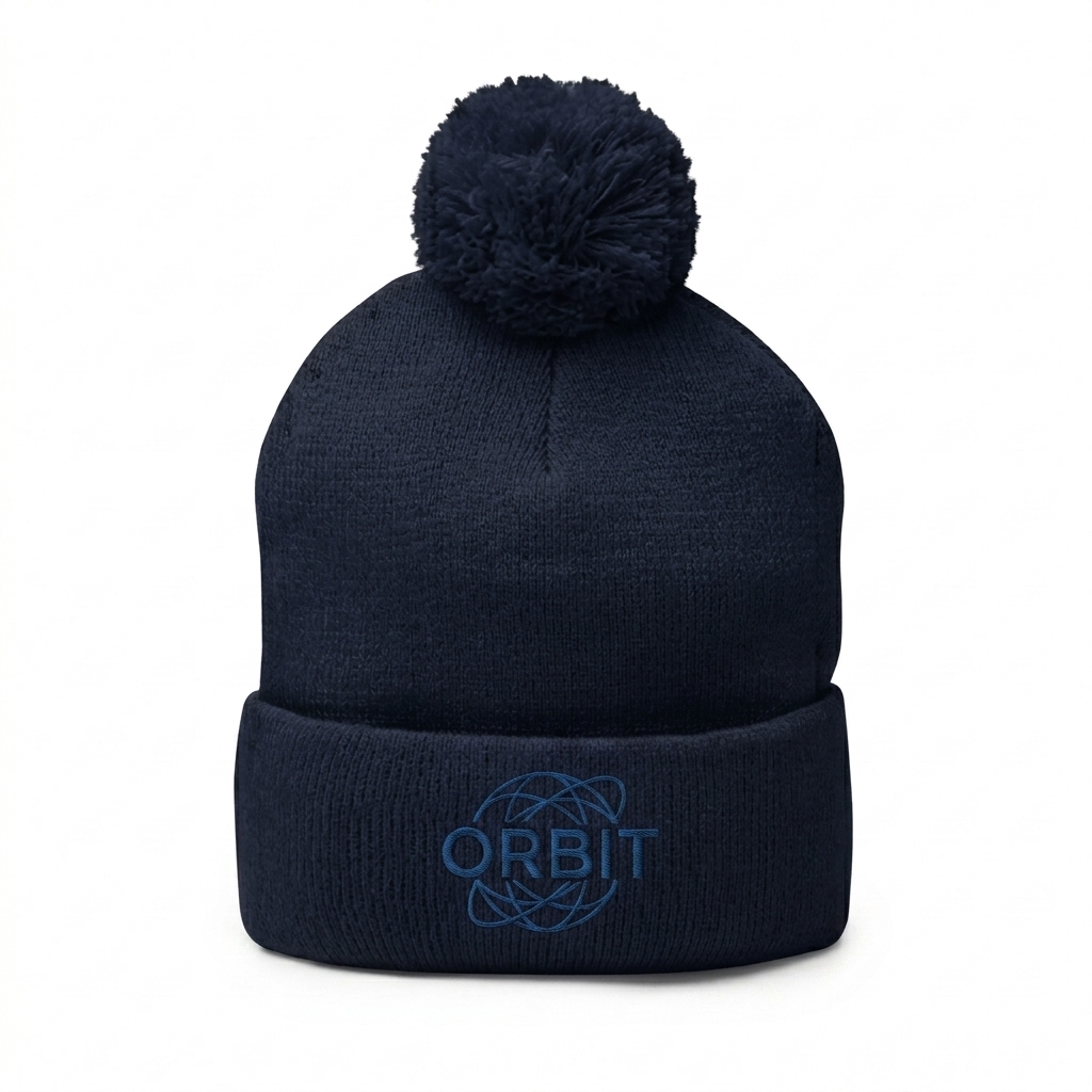 Custom Pom-Pom Knit Cap design direction 3: Modern Abstract Emblem featuring the ORBIT wordmark