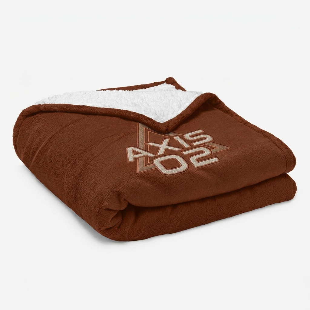 Custom Embroidered Premium Sherpa Blanket design direction 2: Geometric Monogram featuring the AXIS 02 wordmark