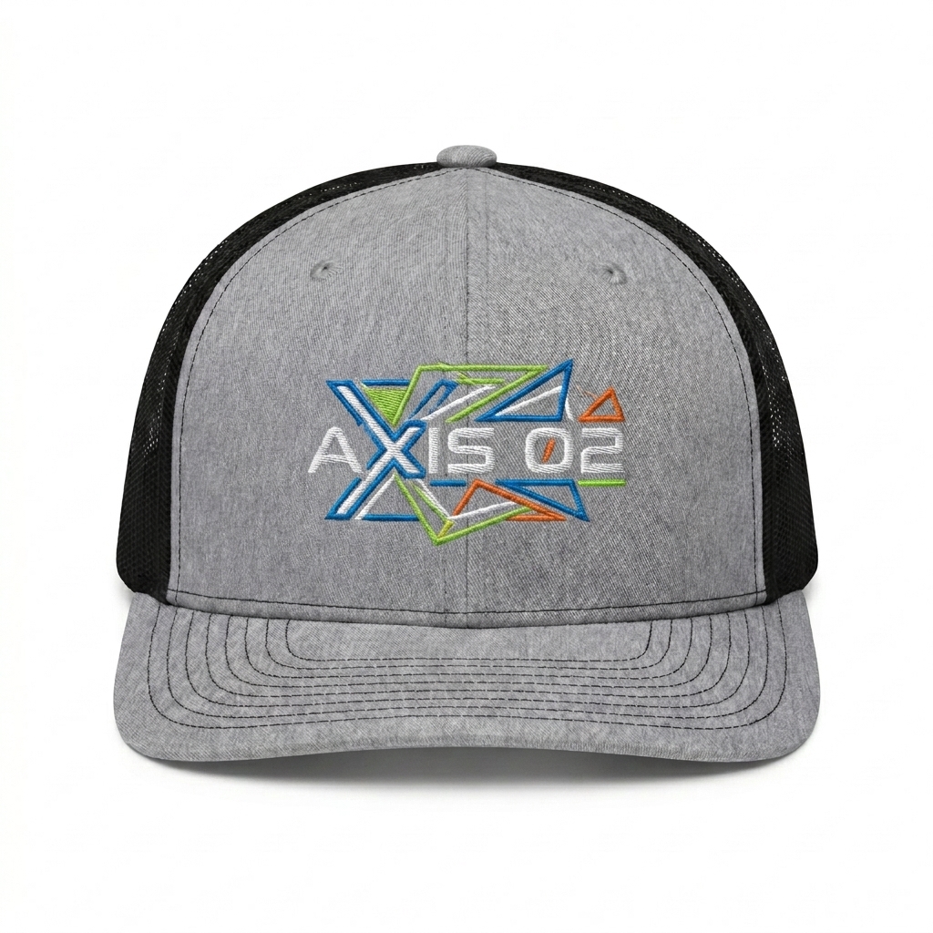 Custom Embroidered Snapback Trucker Cap design direction 2: Bold Abstract Graphic featuring the AXIS 02 wordmark