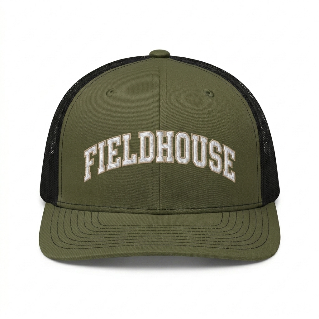 Custom Embroidered Snapback Trucker Cap design direction 3: Retro Collegiate Emblem featuring the FIELDHOUSE wordmark
