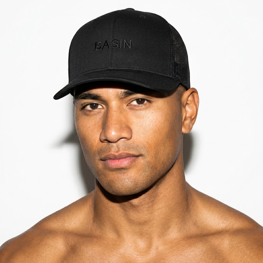 Embroidered Snapback Trucker Cap worn by a toned Pacific Islander male fashion influencer, techwear modern styling, studio lookbook — custom embroidered snapback trucker cap