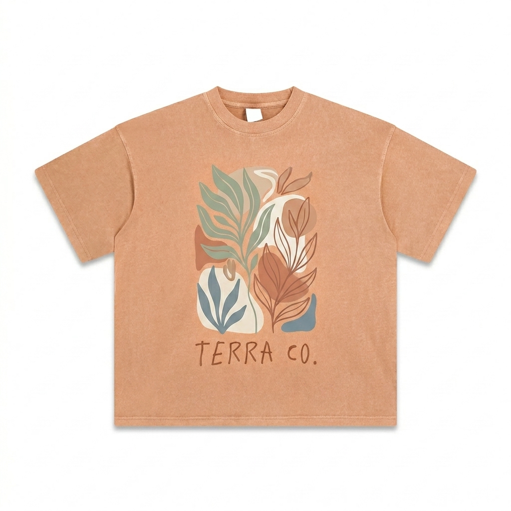 Custom Enzyme Washed T-Shirt design direction 2: Bold Botanical Graphic featuring the TERRA CO. wordmark
