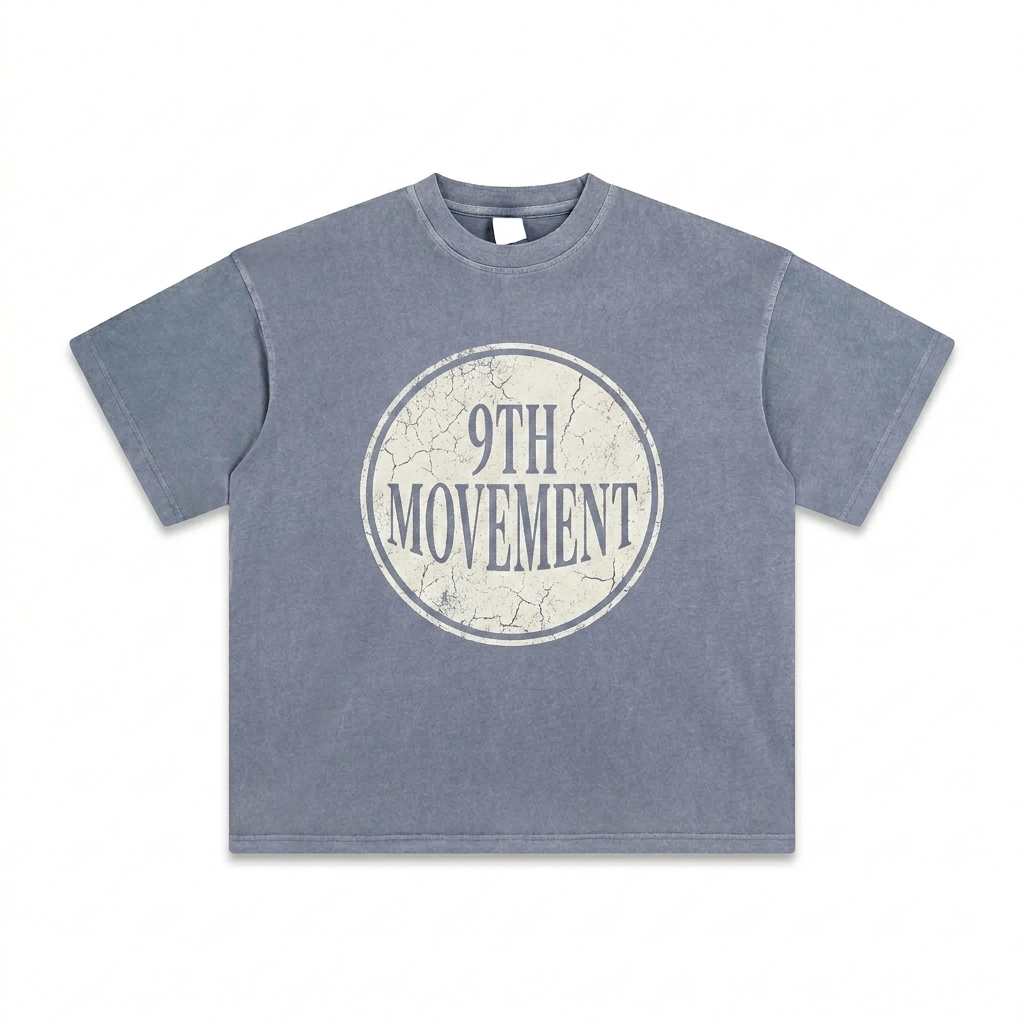 Custom Enzyme Washed T-Shirt design direction 3: Retro Collegiate Emblem featuring the 9TH MOVEMENT wordmark