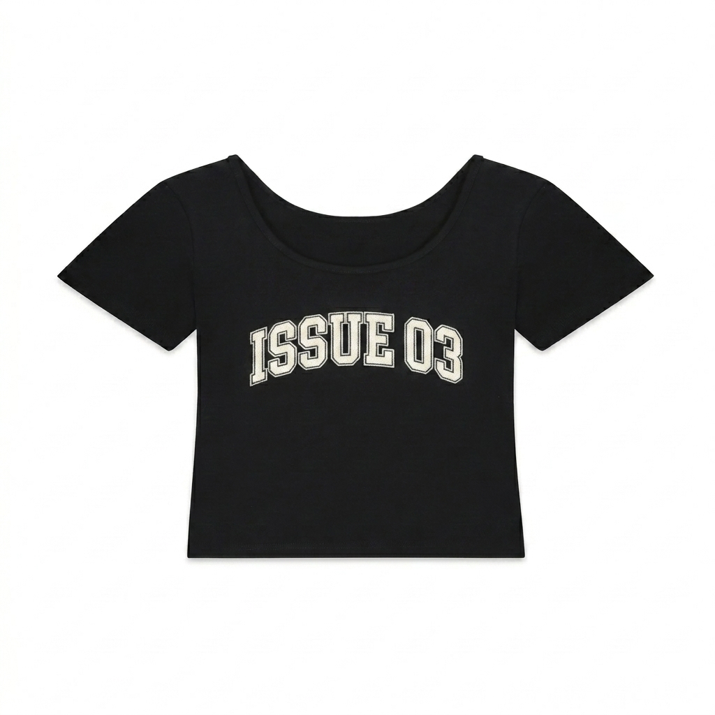 Custom Essential Cotton Bodycon Crop Top design direction 3: Retro Collegiate Emblem featuring the ISSUE 03 wordmark