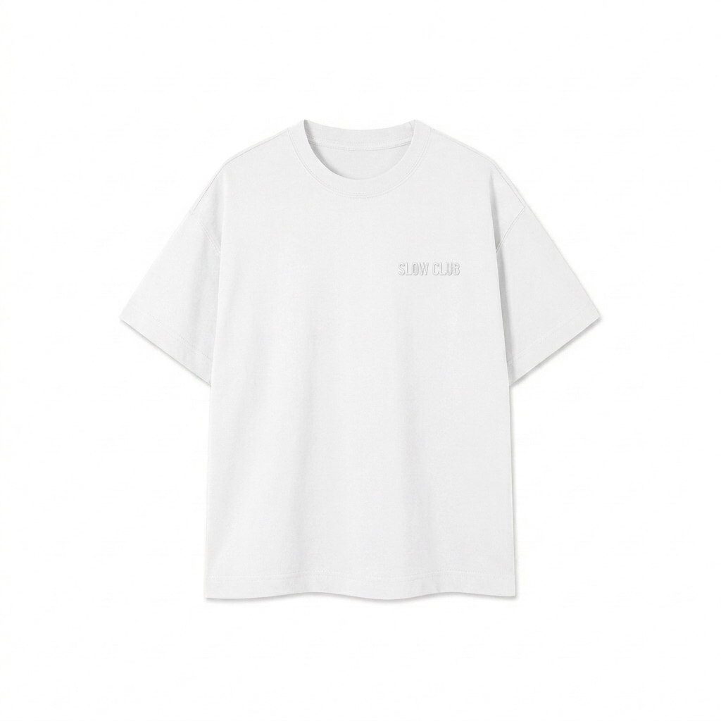 Custom Essential Cotton Boxy T-Shirt design direction 1: Tonal Minimalist Wordmark featuring the SLOW CLUB wordmark