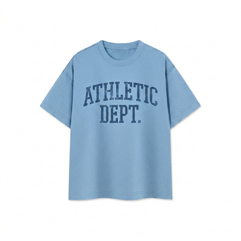 Custom Essential Cotton Boxy T-Shirt design direction 3: Retro Collegiate Wordmark featuring the ATHLETIC DEPT. wordmark