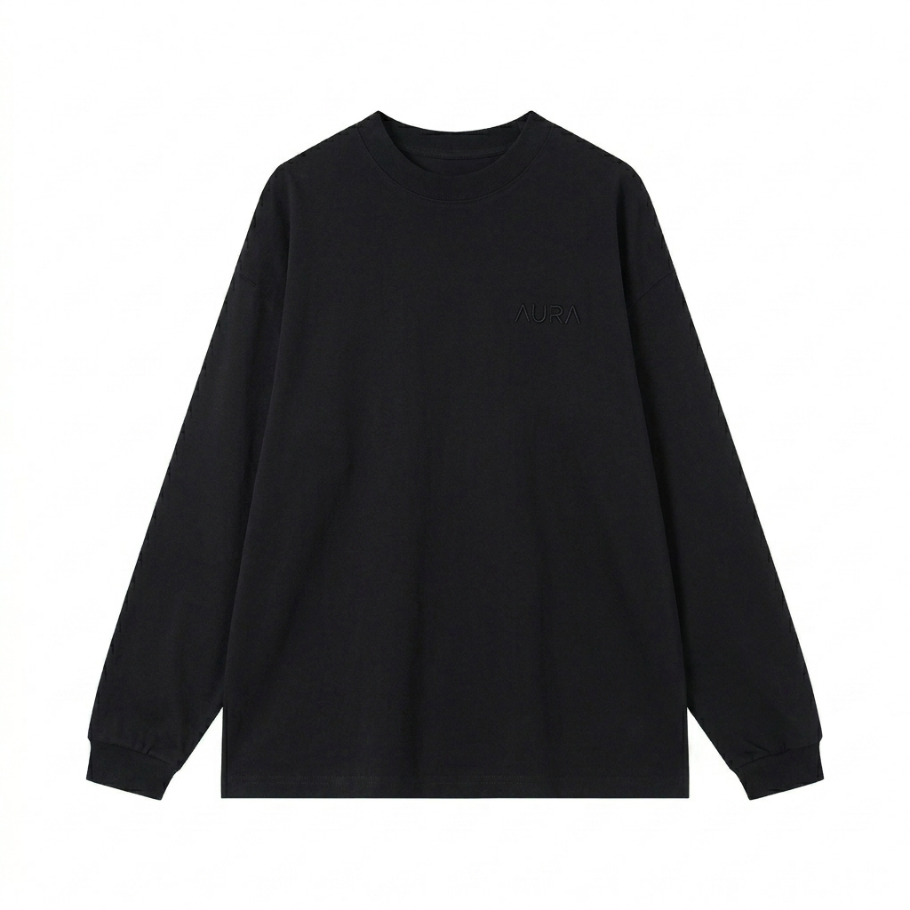 Custom Essential Cotton Long Sleeve T-Shirt design direction 1: Subtle Tonal Wordmark featuring the AURA wordmark