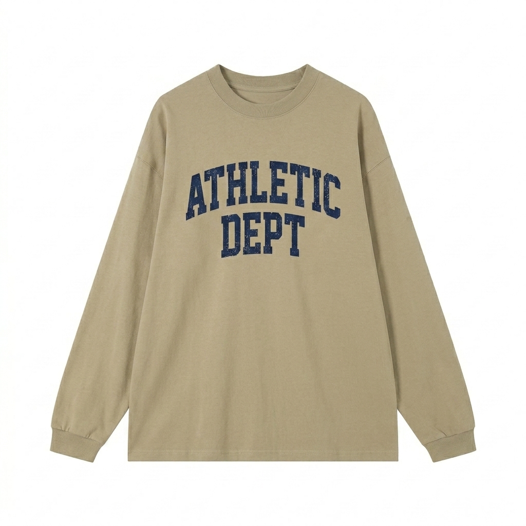 Custom Essential Cotton Long Sleeve T-Shirt design direction 3: Collegiate Sportswear featuring the ATHLETIC DEPT wordmark