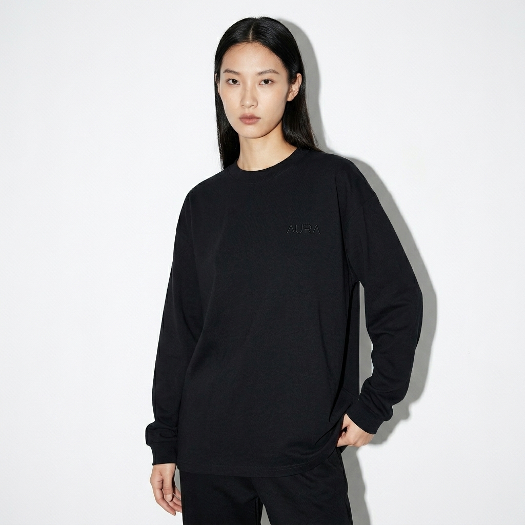 Essential Cotton Long Sleeve T-Shirt worn by a slim tall Chinese female fashion influencer, minimalist luxury styling, studio lookbook — custom essential cotton long sleeve t-shirt