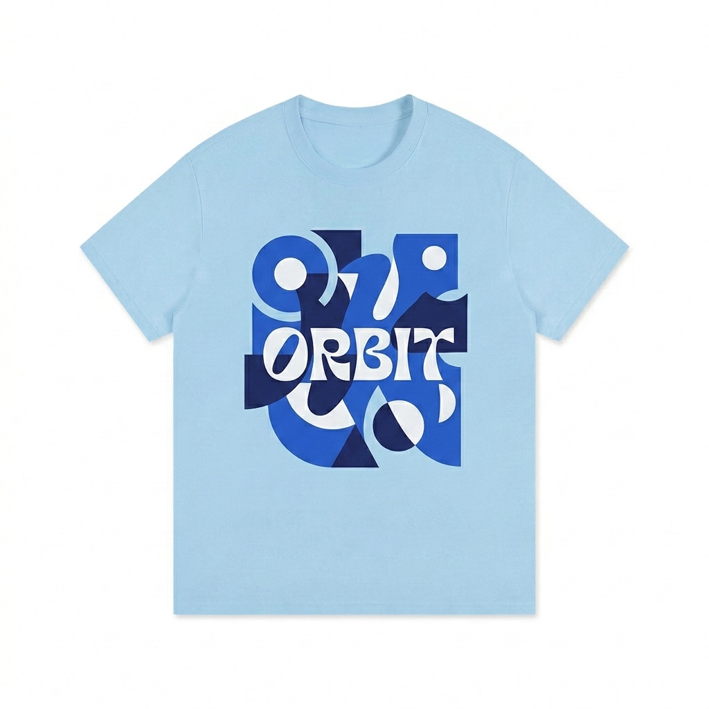 Custom Essential Cotton T-Shirt design direction 2: Bold Graphic Illustration featuring the ORBIT wordmark
