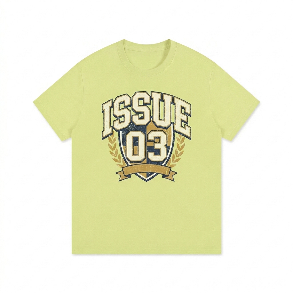 Custom Essential Cotton T-Shirt design direction 3: Retro Collegiate Emblem featuring the ISSUE 03 wordmark