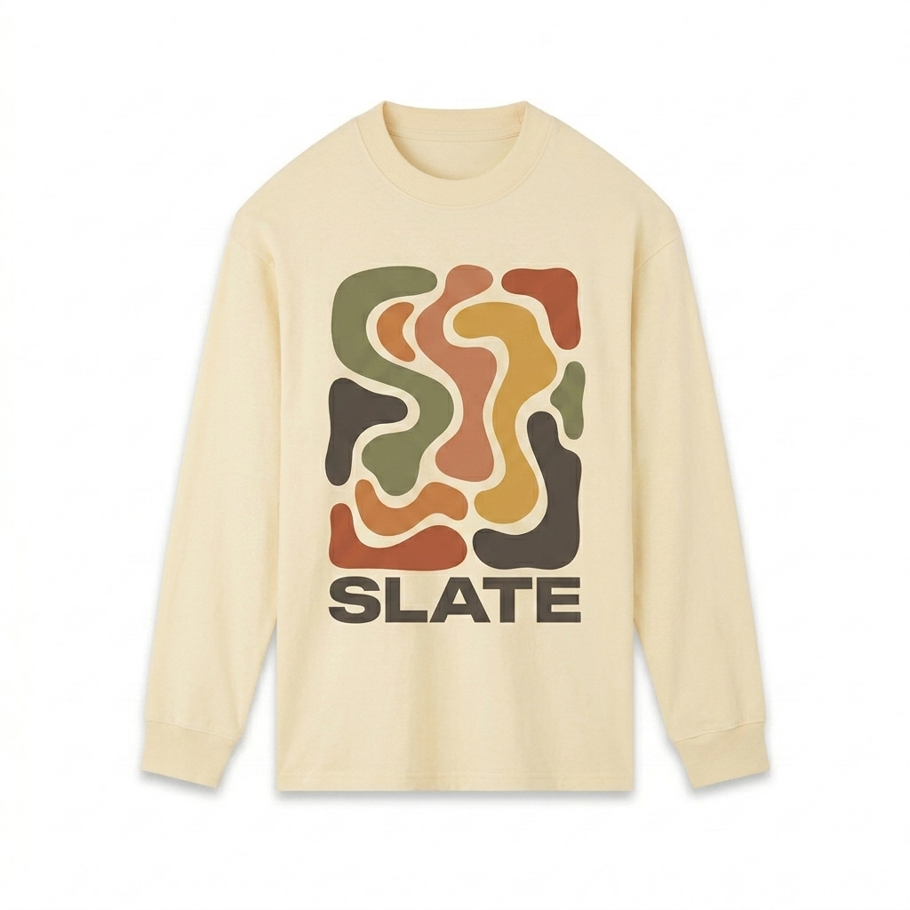 Custom Essential Crewneck Long-Sleeve T-Shirt design direction 2: Bold Abstract Graphic featuring the SLATE wordmark