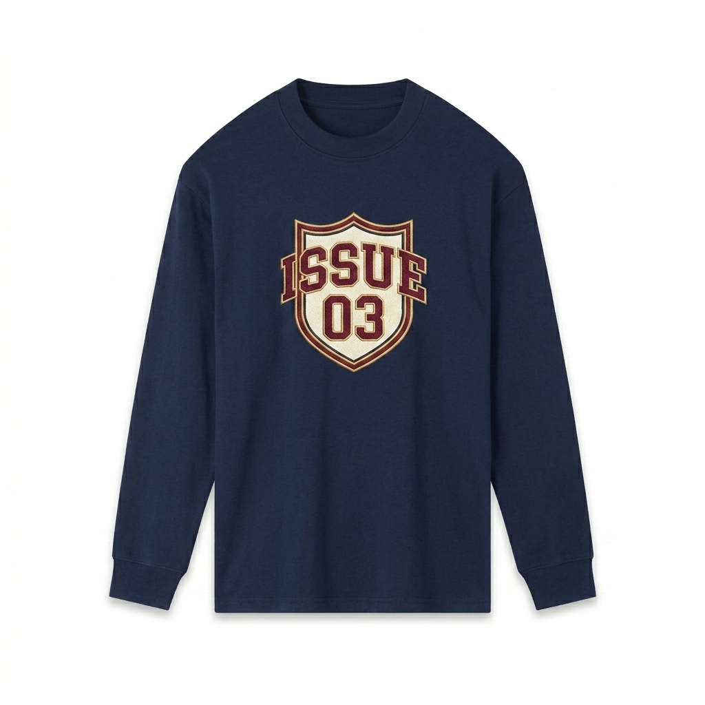 Custom Essential Crewneck Long-Sleeve T-Shirt design direction 3: Retro Collegiate Emblem featuring the ISSUE 03 wordmark