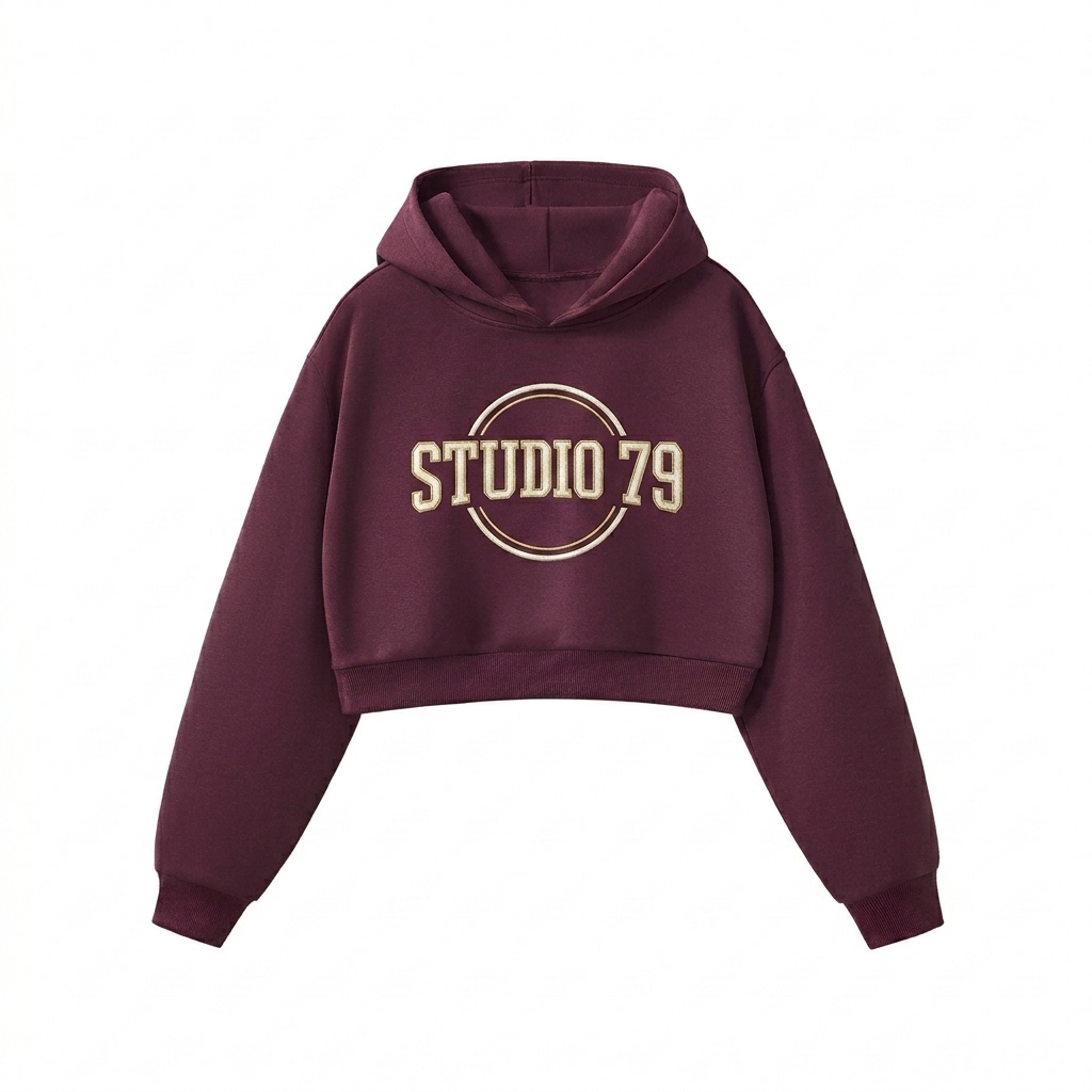 Custom Essential Cropped Hoodie design direction 3: Retro Collegiate Emblem featuring the STUDIO 79 wordmark