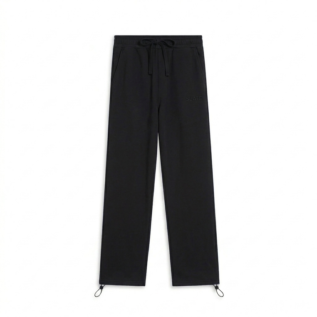 Custom Essential Drawstring Sweatpants design direction 1: Tonal Left Thigh Wordmark featuring the SLATE wordmark