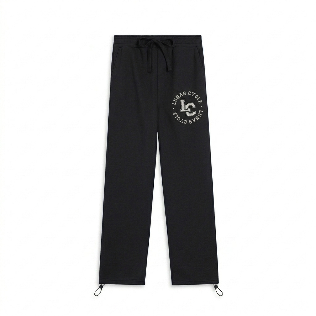 Custom Essential Drawstring Sweatpants design direction 3: Retro Collegiate Emblem featuring the LUNAR CYCLE wordmark