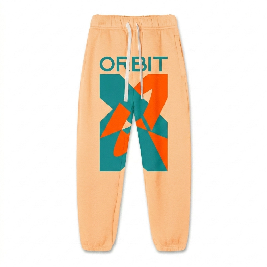 Custom Essential Fleece Sweatpants design direction 2: Bold Abstract Graphic featuring the ORBIT wordmark