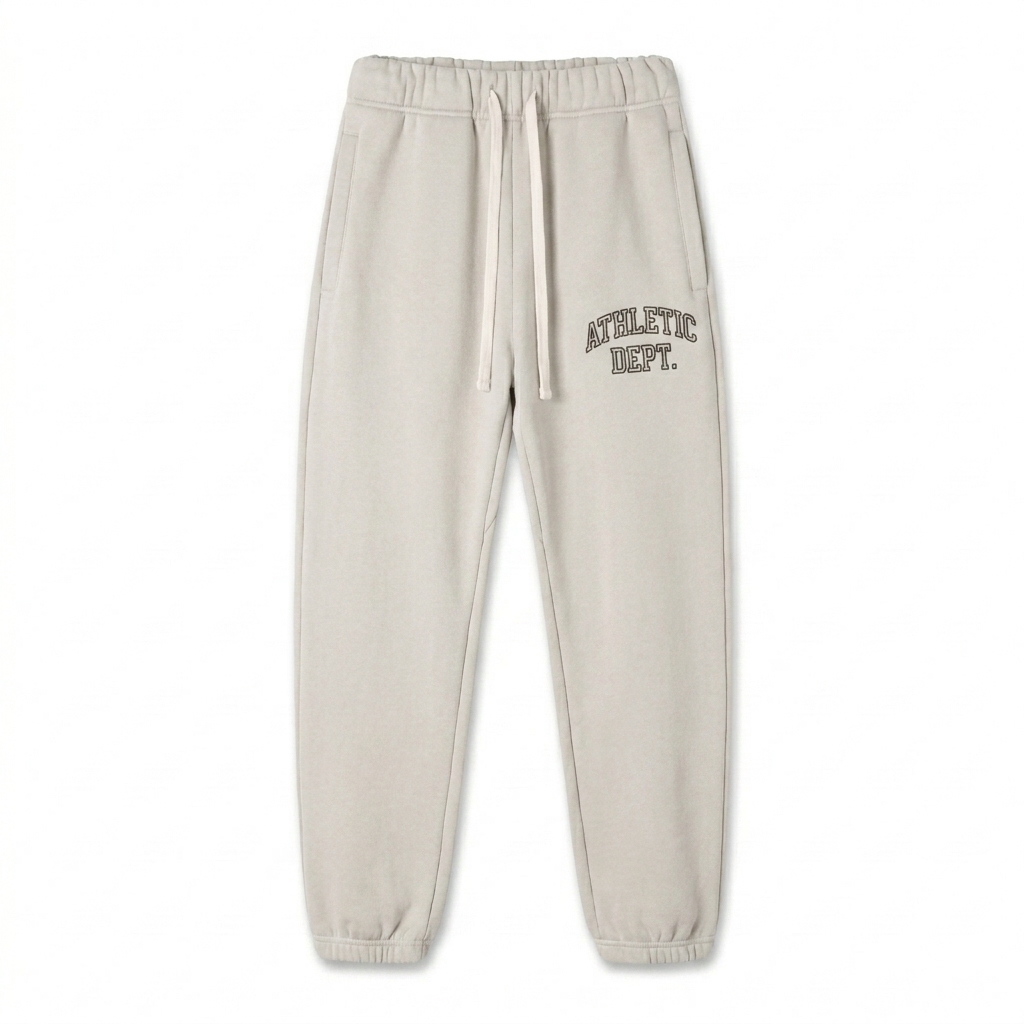 Custom Essential Fleece Sweatpants design direction 3: Retro Collegiate Emblem featuring the ATHLETIC DEPT. wordmark