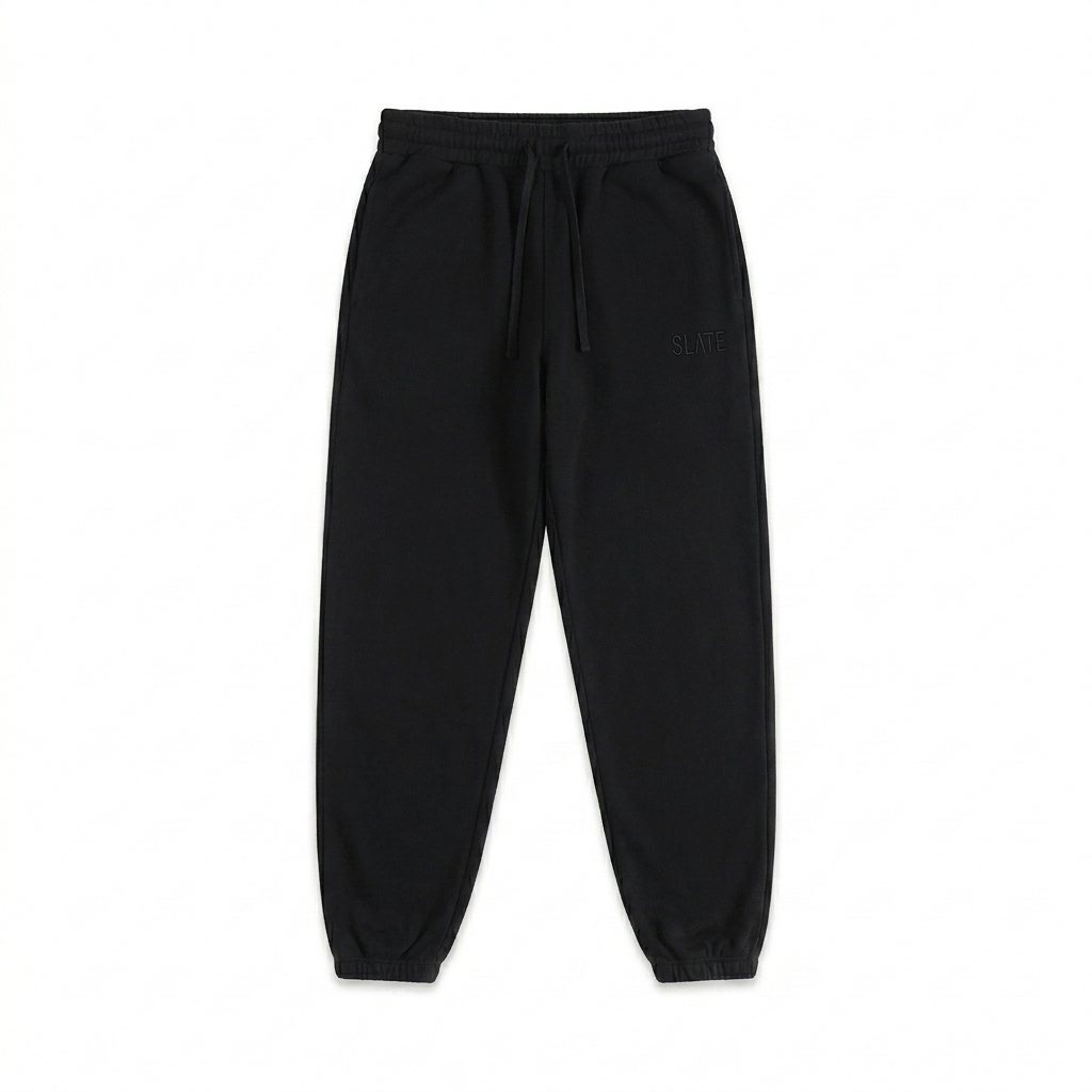 Custom Essential Sweatpants design direction 1: Tonal Minimalist Wordmark featuring the SLATE wordmark