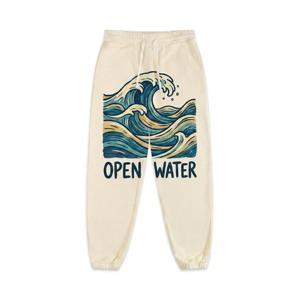Custom Essential Sweatpants design direction 2: Bold Abstract Graphic featuring the OPEN WATER wordmark