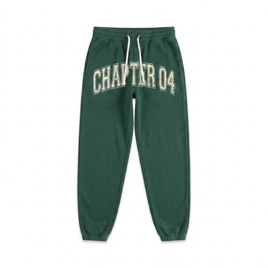 Custom Essential Sweatpants design direction 3: Retro Collegiate Text featuring the CHAPTER 04 wordmark
