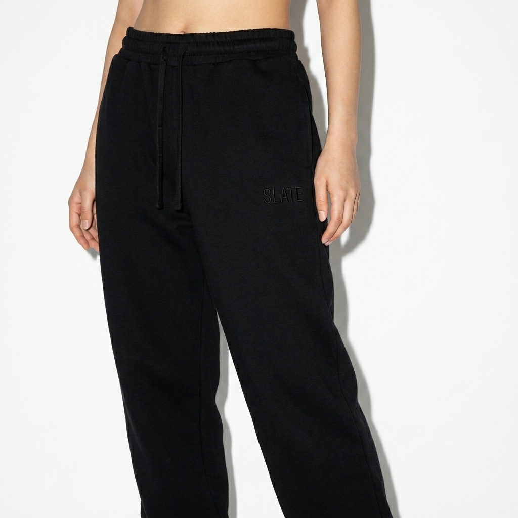 Essential Sweatpants worn by a petite Korean female fashion influencer, sporty athleisure styling, studio lookbook — custom essential sweatpants