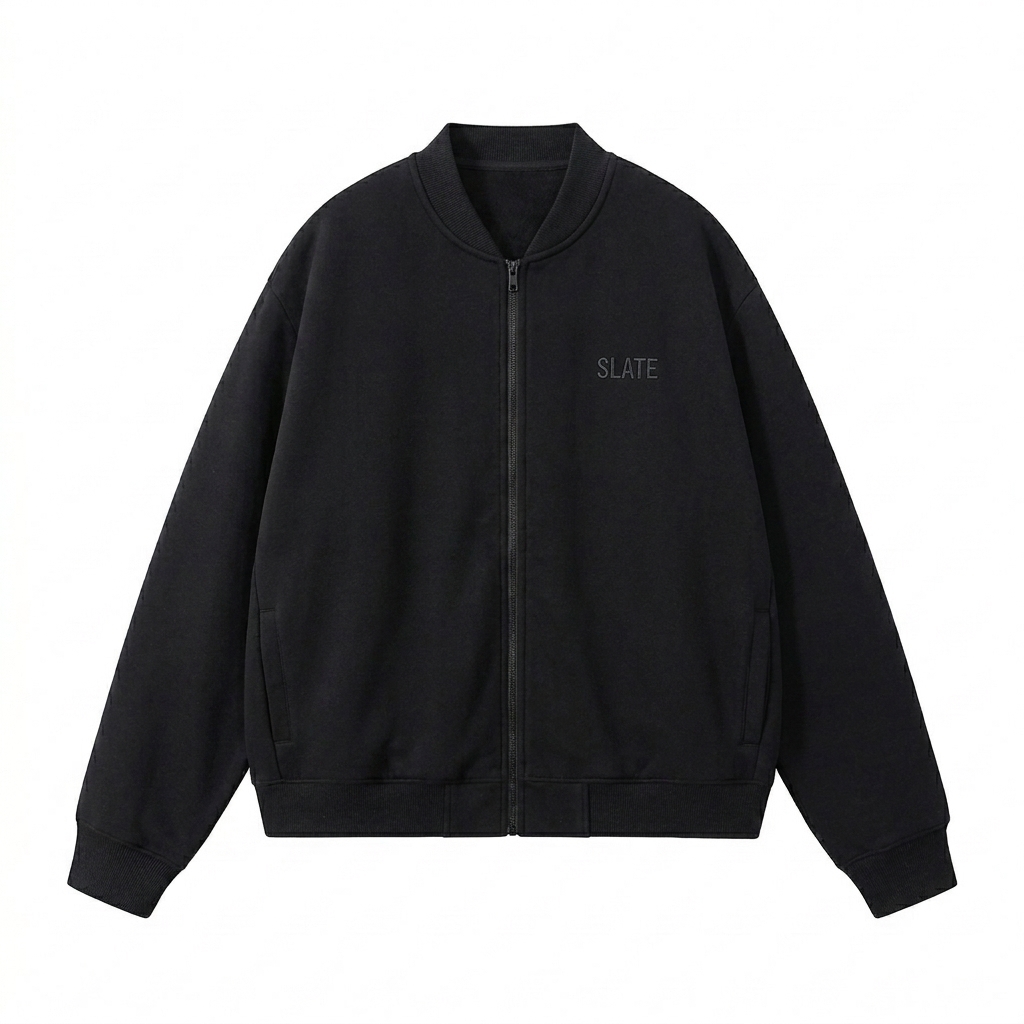 Custom Essential Zip-Up Varsity Jacket design direction 1: Tonal Minimalist Wordmark featuring the SLATE wordmark