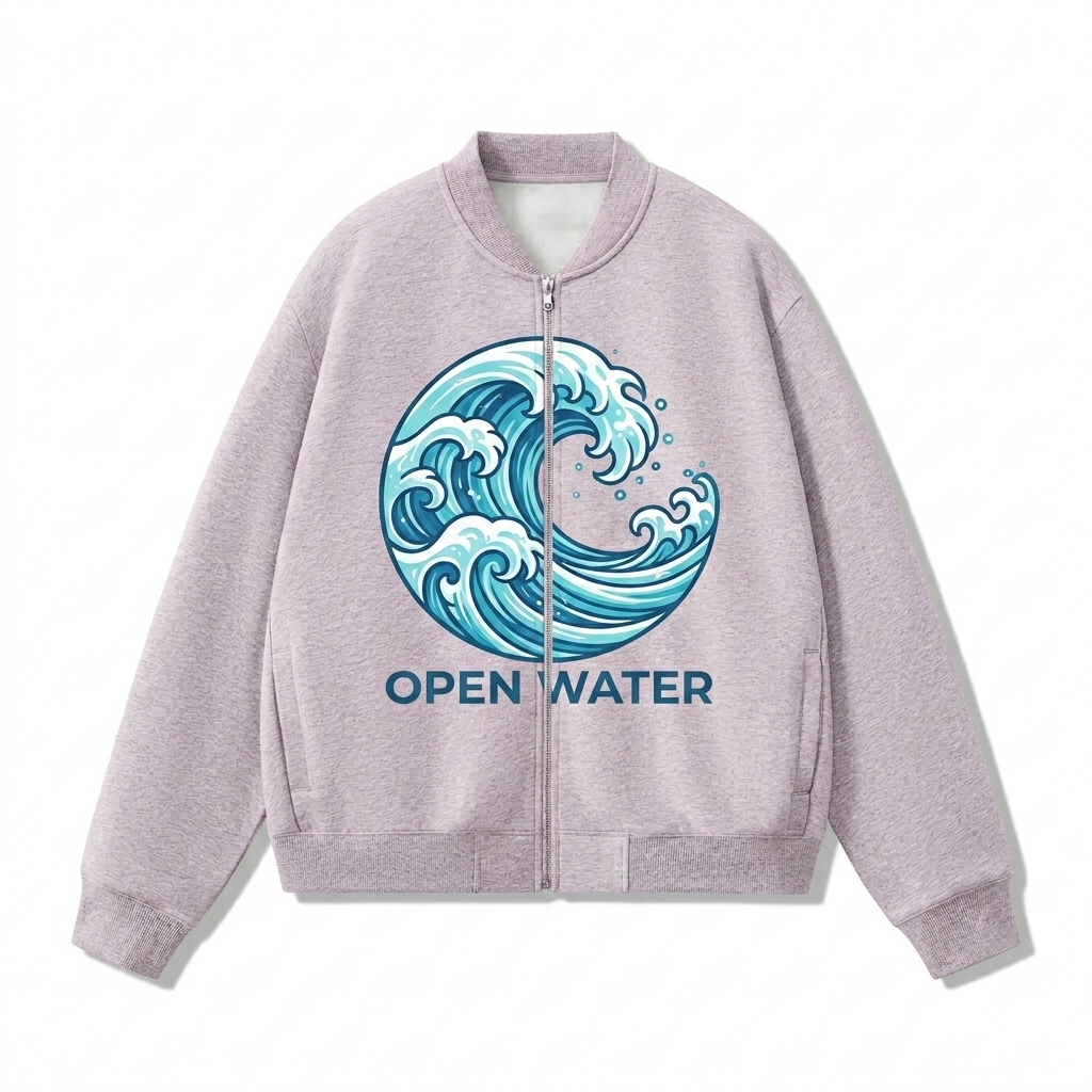 Custom Essential Zip-Up Varsity Jacket design direction 2: Abstract Graphic Illustration featuring the OPEN WATER wordmark