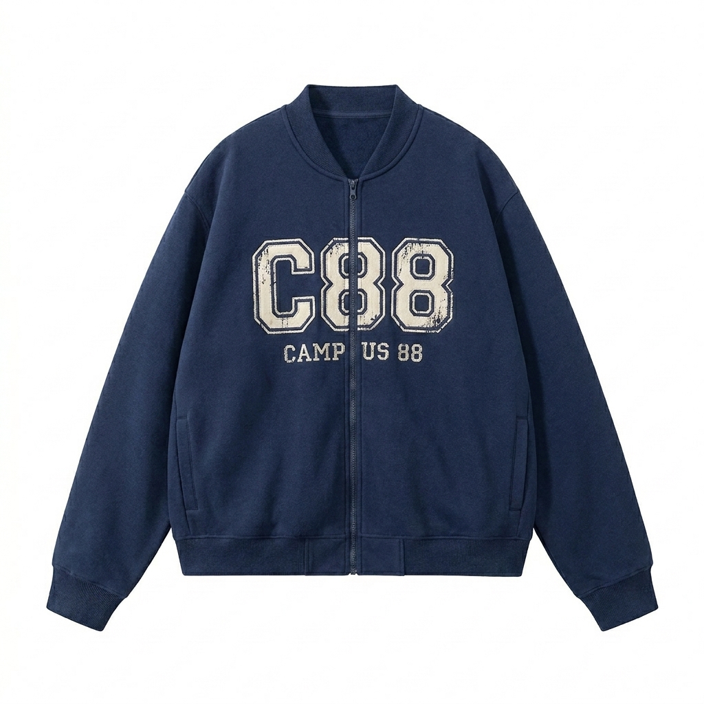 Custom Essential Zip-Up Varsity Jacket design direction 3: Retro Collegiate Emblem featuring the CAMPUS 88 wordmark