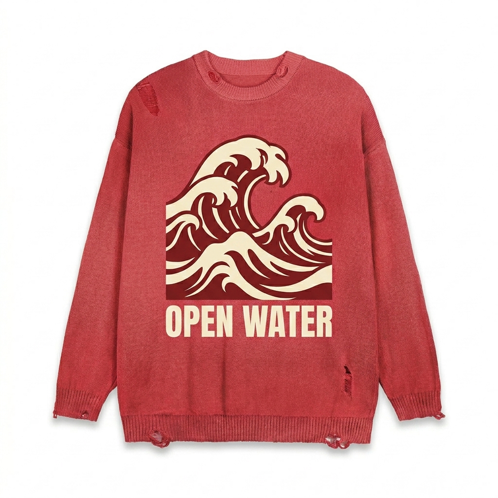 Custom Faded Distressed Crewneck Sweater design direction 2: Bold Graphic Illustration featuring the OPEN WATER wordmark