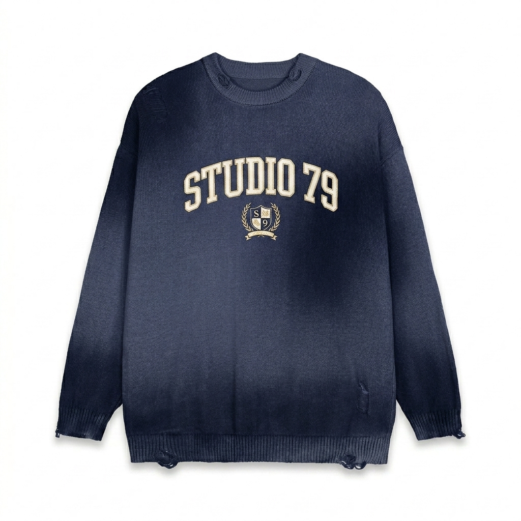 Custom Faded Distressed Crewneck Sweater design direction 3: Retro Collegiate Emblem featuring the STUDIO 79 wordmark
