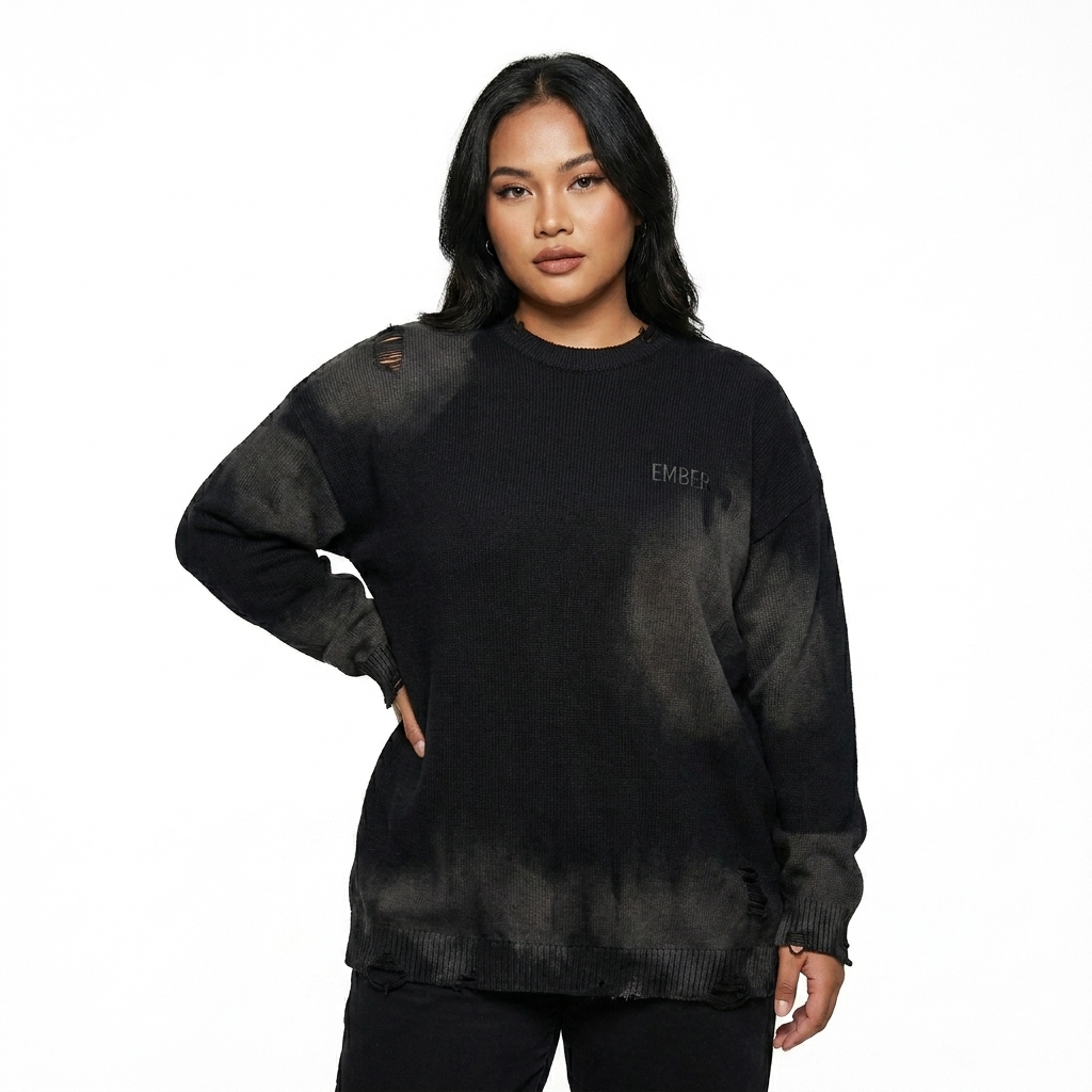 Faded Distressed Crewneck Sweater worn by a curvy Southeast Asian female fashion influencer, workwear utility styling, studio lookbook — custom faded distressed crewneck sweater